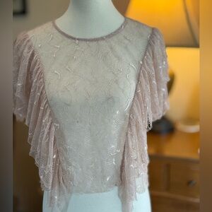 On Twelfth Chic Lace Ruffle Blouse in Mauve